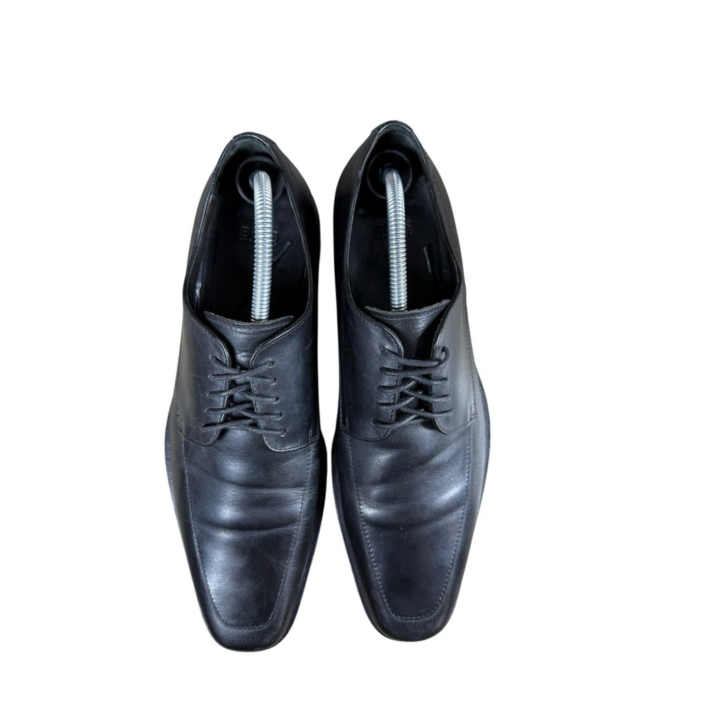 Hugo Boss Dress Shoe Size 9 Men's Embossed Logo Black Leather Lace Up Apron Toe - Picture 11 of 14